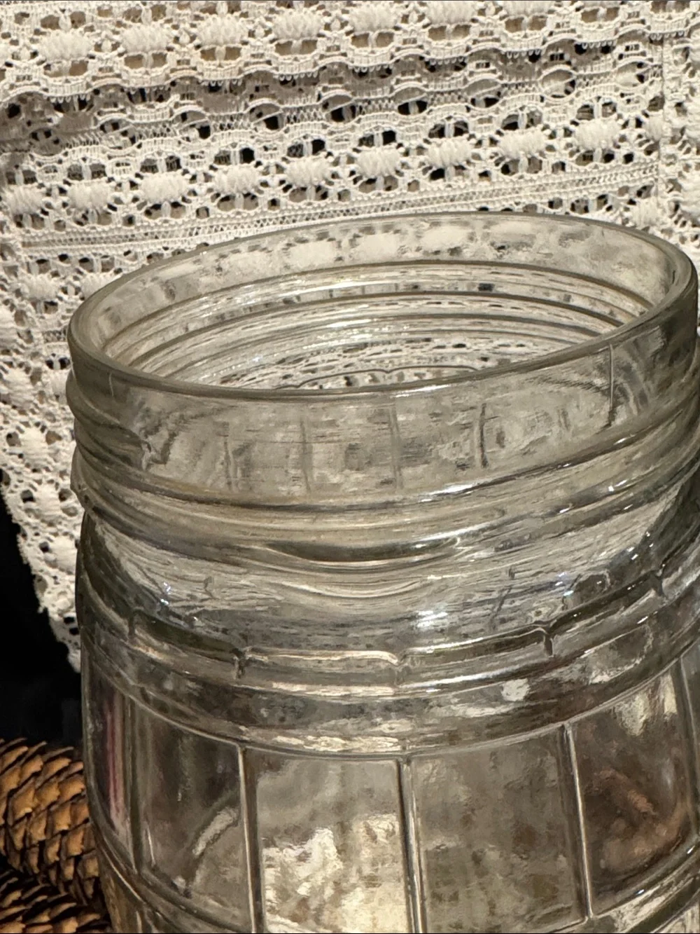 Vintage Barrel Shaped Glass Jar with Real Pine Cones
